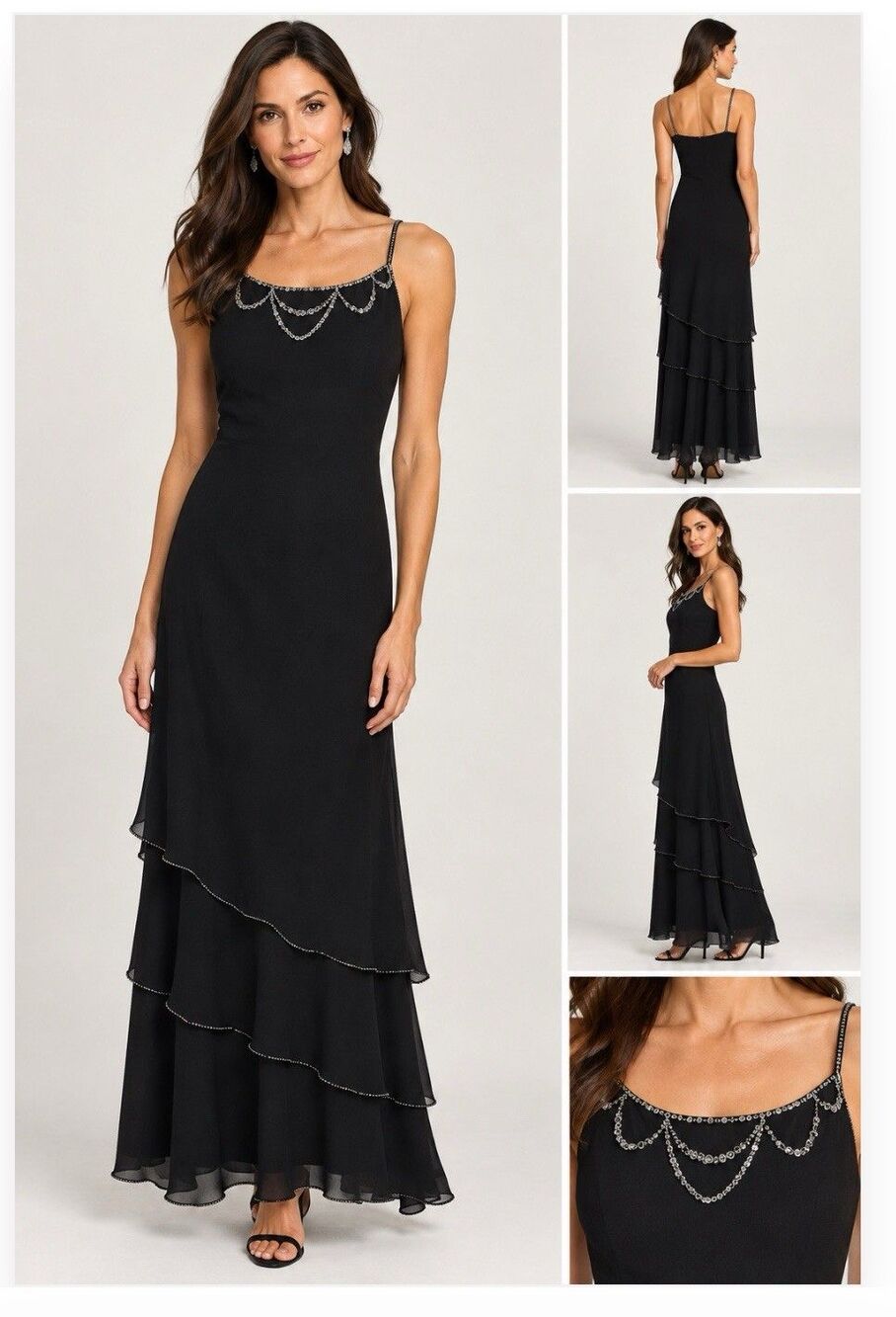 Women’s Black Sequin Tiered Low-scoop Back Gown Sz 3/4